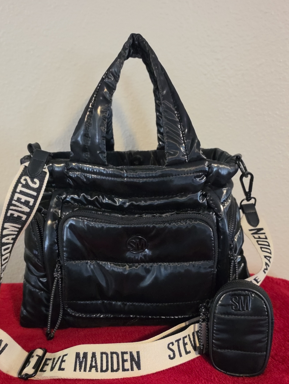 Steve Madden Black Quilted Puffer Shoulder Bag with Logo Strap